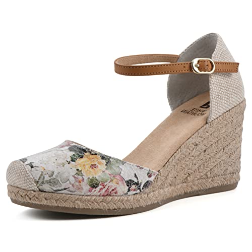 WHITE MOUNTAIN Mamba, Sandalias con cuña Tipo Alpargatas Mujer, Blanco Floral Liso, 41 EU Ancho