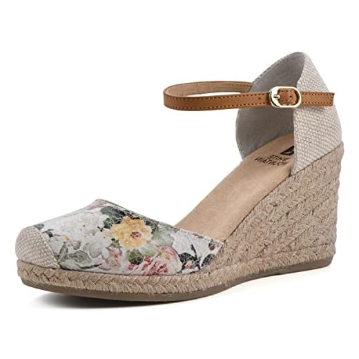 WHITE MOUNTAIN Women's Mamba Espadrille Wedge Sandal, White/Floral/Smooth, 6.5 W
