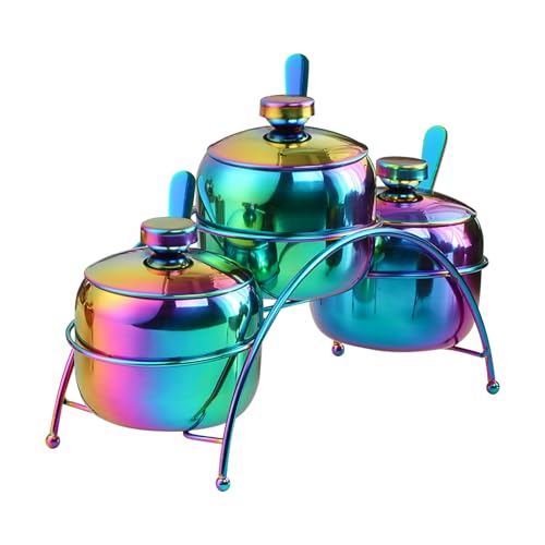 Buyer Star 3-Piece 304 Stainless Steel Seasoning Containers Set with Lid Spoon and Rack, salt and sugar container sets, Condiment Canisters Pots for Serving Sugar, Pepper, Salt, Spice (Rainbow)