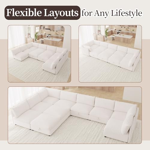 Image of Oversized Corduroy Modular Sectional Sofa Bed with Hidden Storage, Convertible L U Sleeper Couch, Modular Sofa 10 Seat Free Combination with Ottoman & Removable Covers for Living Room, White