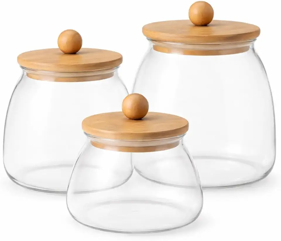 Kit 3 Potes de Vidro Herméticos com Tampa de Bambu – Porta Mantimentos para Café, Açúcar e Grãos, Vedação e Organizador de Cozinha
