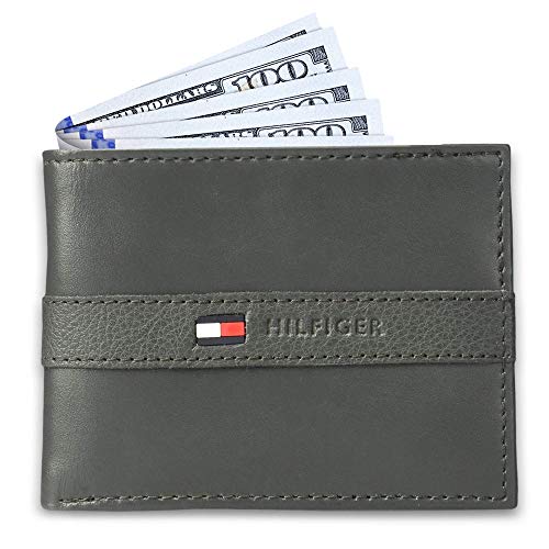 Tommy Hilfiger Men's Leather Wallet - Thin Sleek Casual Bifold With 6 Credit Card Pockets And Removable Id Window, Gray #TOP2