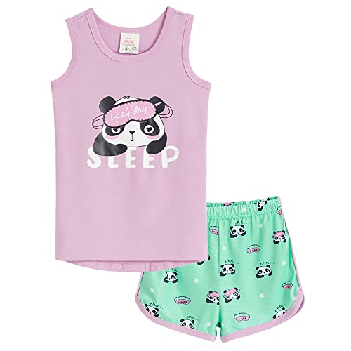 Myfav Girls Sleeveless Pajamas Cute Panda Printed 4 Piece Sleepwear Big Kids Nightgown, Panda, 14Y #TOP2