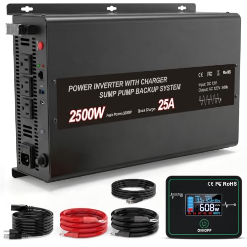 Sump Pump Battery Backup System, 2500W Pure Sine Wave Inverter with Remote Control & LCD Screen, Auto Switches to Battery Power, for Basement Flood Protection & Power Outage Emergency