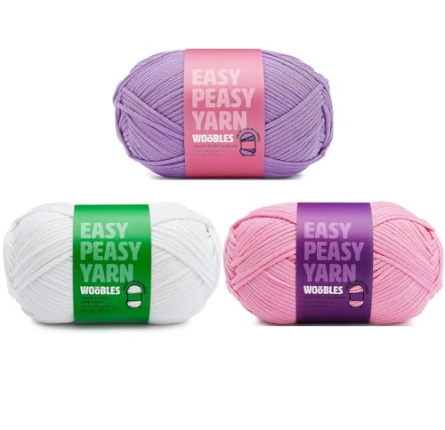 The Woobles Easy Peasy Yarn Bundle - Perfect for Beginners in Crochet & Knitting - Worsted Medium #4 Cotton-Nylon Blend - Includes Happily Ever Lavender, Pink & Snow Place Like Home Shades