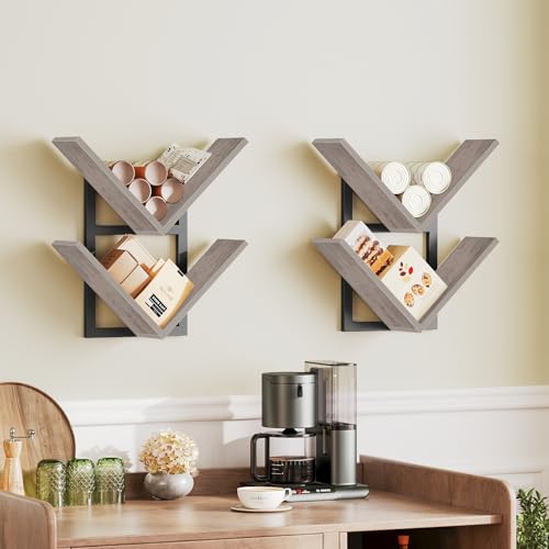 Image of HOOBRO Floating Shelves for Wall, Set of 2 Wall Mounted Shelves, 2-Tier Wooden Hanging Shelves Storage Racks, Tree Bookshelves, for Living Room, Bedroom, Office, Greige and Black BG55BJP201