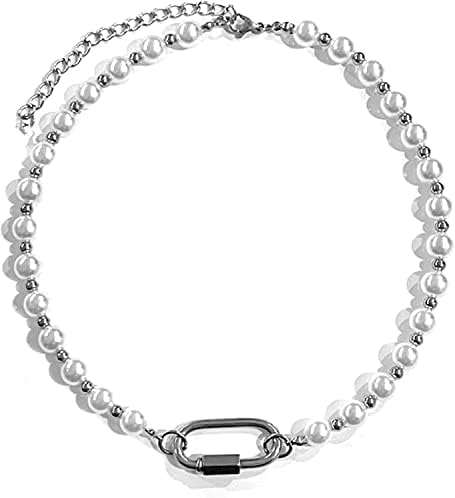 Gothic Pearl Necklace for Men, Punk Stainless Steel Carabiner Pearl Choker Necklace for Unisex Women, White
