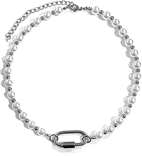 Gothic Pearl Necklace For Men, Punk Stainless Steel Carabiner Pearl Choker Necklace For Unisex Women, White #TOP1