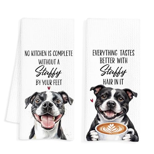 INDAJEDN Funny Staffordshire Coffee Gifts Kitchen Towels Staffy Mom Gifts, Staffy Dog Coffee Hand Towel for Kitchen Bar Decor, Staffordshire Dish Tea Towels Set of 2, 16x24 inch