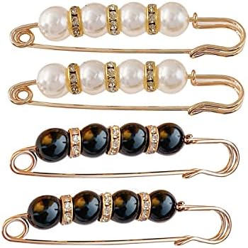 Fancy Rhinestones Pearls Safety Pin Brooch, Pearl Brooch Pins, Sweater Shawl Crystal Clip, for Women Girls Clothing Accessories (White+Black,4pcs)