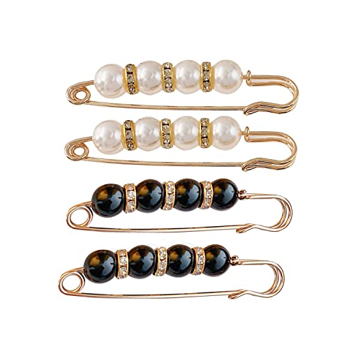 Fancy Rhinestones Pearls Safety Pin Brooch, Pearl Brooch Pins, Sweater Shawl Crystal Clip, for Women Girls Clothing Accessories (White+Black,4pcs)