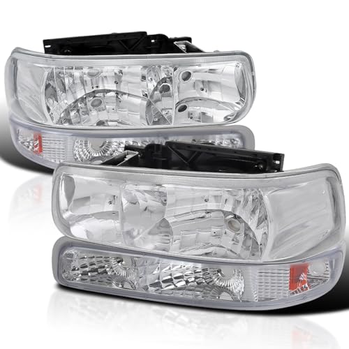 Spec-D Tuning Chrome Housing Clear Lens Headlights + Bumper Lights Compatible with 1999-2002 Chevy Silverado 2000-2006 Tahoe Suburban, Left + Right Pair Headlamps Assembly