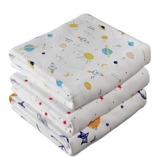 Image of Muslin Swaddle Blankets, Muslin Baby Blanket, Extra Soft Muslin Blanket, 3 Pack, Large Receiving Blankets for Boys & Girls, Breathable Baby Essential (Space)