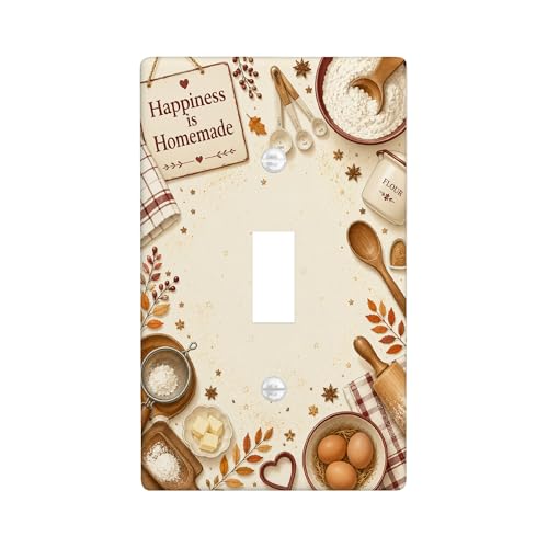 Baking Tools Kitchen Single Light Switch Cover Plate, Rustic Cozy Spices Eggs Fall Beige Plastic Standard Size Decorative Wall Plates for New Apartment Home Bedroom Office Decor (Single)