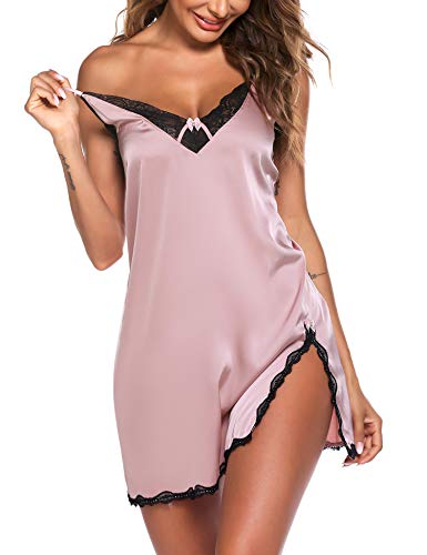 Ekouaer Sleepwear Nightgown Lace Chemise Satin Negligee Lingerie Full Slip Babydoll For Women(Pink,X-Small) #TOP1