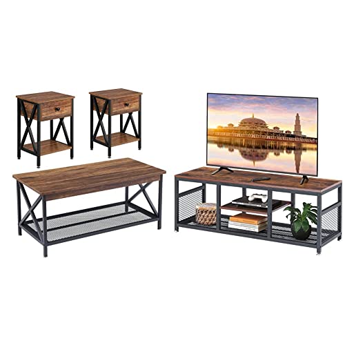 Vecelo Coffee Table Set Of 3, 2 Nightstands With Drawer & Storage For Living Room, Office, Brown & Tv Stand For 55 Inch, Entertainment Center Media Console Table, 47 Inch, Brown+Black #TOP10