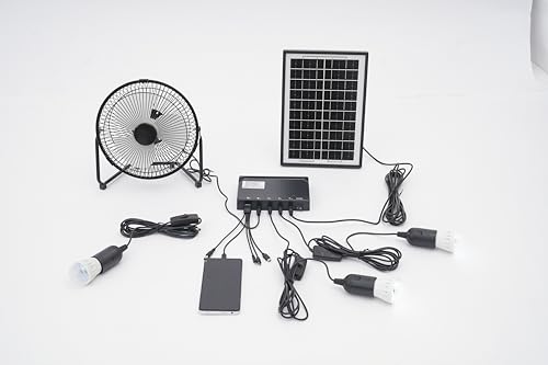 Serendicy Solar Fan & Lamp Kit, 4000mAh Portable Solar Powered Fan with 3 Bulbs & 5 Cables, Outdoor Camping Lighting for Picnics Emergency Black