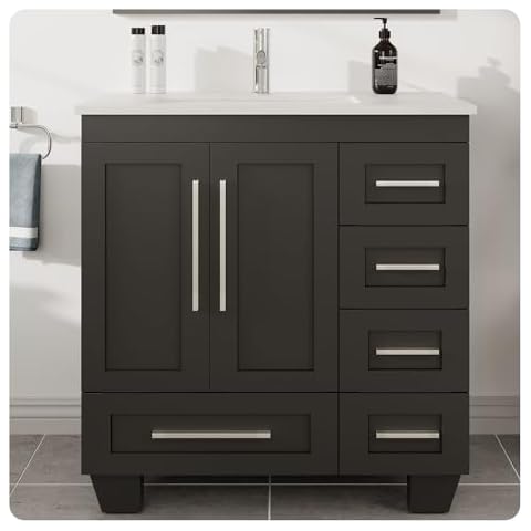 Eviva Loon 30 inch Espresso Transitional Bathroom Vanity with White Carrara Quartz Countertop and Long Handles Cover