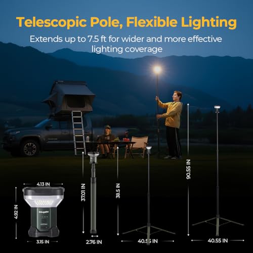 BougeRV Telescoping Camping Light, 3200 Lumen Outdoor Lantern, 8000mAh LED Lantern, 7.55 ft Tall, 90-Hour Runtime, Rechargeable Tent Lamp for Camping, Emergency, Hiking, Outdoor, Fast Charging Version - Image 4