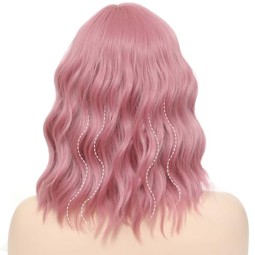 Pink Wigs For Women Short Wavy Bob Wig With Bangs Wear And Go Glueless Wig Medium Length Synthetic Cosplay Wig Fun Party Colored Wigs(Pink, 12 Inch)