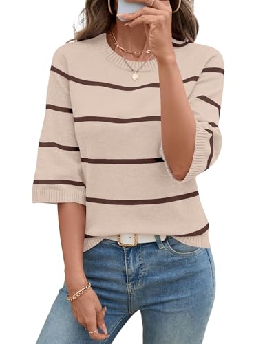 LOMON Fall Sweater 3/4 Bell Sleeve Pullover Sweaters Basic Crew Neck T Shirts Dressy Soft Knit Tops Clothes, L