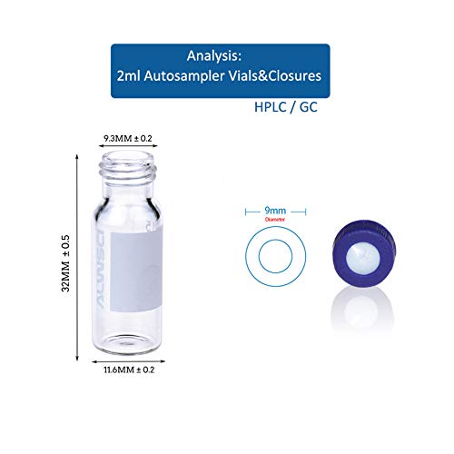 Alwsci 2Ml 9Mm Hplc Vial，Clear Autosampler Vial, Borosilicate Sample Vial With Graduation, 9-425 Type Screw Threaded Vial, Blue Screw Cap With Hole, Red Ptfe&White Silicone Septa, 100 Of Pack #TOP1