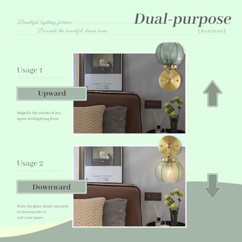 Image of Green Glass Wall Sconce Art Deco Globe Shade Gold Vanity Lights | Vintage Wall Light Over Mirror, Easy to install, Bathroom Vanity Lighting, 110V E26 Base, Mid Century Modern Wall Lamp