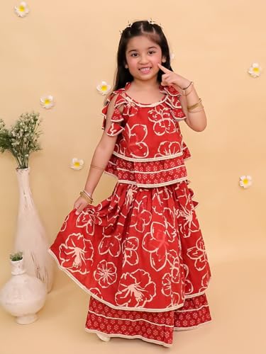 Image of The Mom Store Baby /Kids Girls Lehenga Set Ethnic Wear | Printed | Trendy Stylish Elegant Lehenga Set For Festivals Weddings & Special Occasions | Cotton