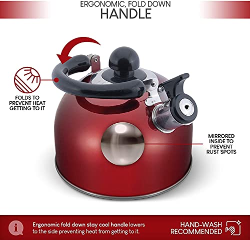 Elitra Whistling Tea Kettle - Stainless Steel Tea Pot With Stay Cool Handle - 2.6 Quart / 2.5 Liter - (Red) #TOP3