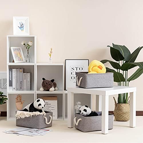 Yawinhe Foldable Storage Basket 3 Pack, Collapsible Linen Fabric Storage Bins with Rope Handles, Wardrobe Organiser, for Sorting Clothes, Books, Toys, Family Items, 37x25x17cm, Grey, SNK004GM