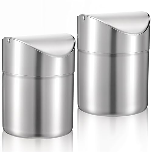 Image of MAQUITA 2 Pcs Desk Trash Can with Swing Lids, 2L Brushed Stainless Steel Countertop Garbage Bin Small Wastebasket with Lid for Office Desk, Coffee Table