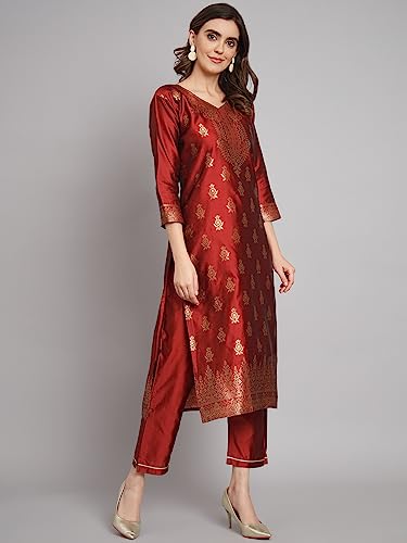 Image of VredeVogel Women's Cotton Silk Jacquard Kurta Pant Set with Banarasi Silk Dupatta