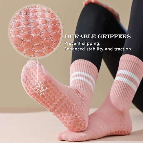 Image of Pilates Socks for Women Non Slip, Cotton Crew Grippy Yoga Socks with Grips for Maternity Hospital Workout, 3 Pairs