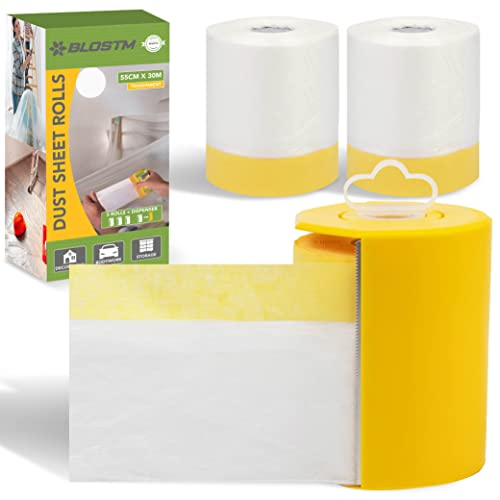 BLOSTM Adhesive Dust Sheet Roll - 3PCS 55cm x 30m Self-Adhesive Plastic Dust Sheets Roll with Dispenser, Tape and Drape for Paint Sprayers, Decorating & DIY Projects - 3 PACK