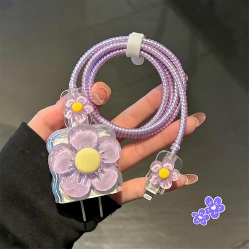 Image of Protective Charger Case for iPhone 18W 20W iPhone 17 16 15 14 13 12 11 Pro Max Charging Cable Charger Protective Cover Data Cable Protective Sleeve-Purple ND Yellow Flower
