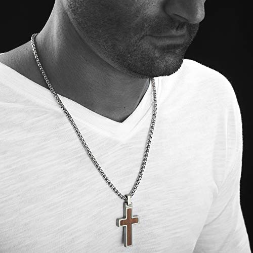 Unique Gestalt Titanium Cross Necklace With Koa Wood Inlay. 26 Inch Stainless Steel Chain. #TOP3