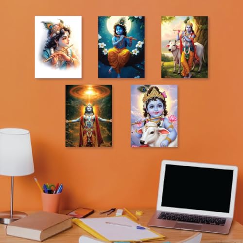 Image of Krishna ji Devotional Wall Posters, Premium 300 GSM, HD Quality, Matte Finish, 22x32 cm, Set of 5 with Glue Drops
