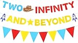 Two Infinity and Beyond Banner Toy Inspired Story Birthday Party Decorations with Yellow Blue Red Glitter Triangle Pennant Flag Streamers Photo Prop