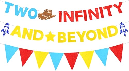 Two Infinity and Beyond Banner Toy Inspired Story Birthday Party Decorations with Yellow Blue Red Glitter Triangle Pennant Flag Streamers Photo Prop