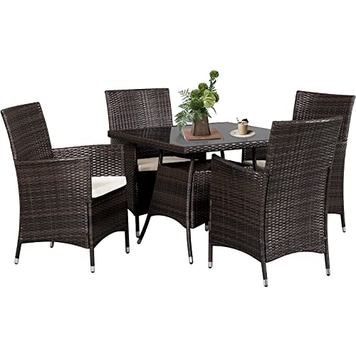 Suncrown 5 Piece Outdoor Dining Set All-Weather Wicker Patio Dining Table And Chairs With Cushions, Square Tempered Glass Tabletop With Umbrella Cutout For Patio Backyard Porch Garden Poolside #TOP1