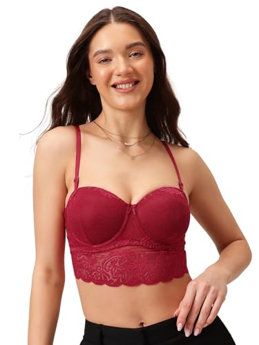 Image of Clovia Women Lace Solid Padded Full Cup Underwired Bralette Bra - Red