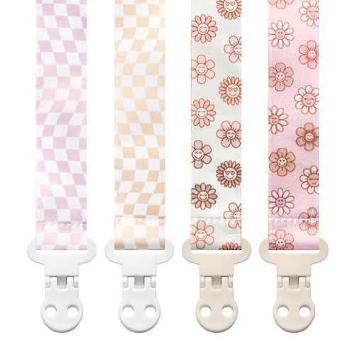 Image of Stadela Baby Pacifier Clip Holder - Girl 4 Pack Gift Set – Retro Checker Smiley Flowers Floral Pink Beige Yellow