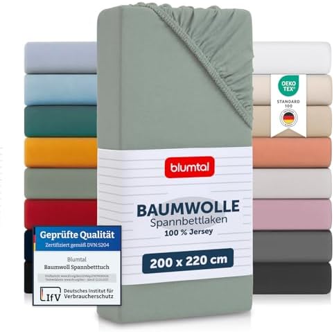 Blumtal® Basics Spannbettlaken 200x220x30cm Jersey - Bettlaken aus 100% Baumwolle - Oeko-TEX zertifiziertes Spannbetttuch 200x220cm - Summer Green