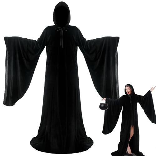 Tarpop 63 Inch Black Witch Velvet Cloak for Women Renaissance Hooded Black Cape Unisex Long Velvet Wizard Robe for Men Halloween Cosplay Vampire Costume