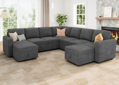 Image of HONBAY Modular Sectional Sleeper Sofa with Pull Out Couch, Corduroy Oversized Sectional Couches Pull Out Bed with U Shaped Sleeper Storage for Living Room - Dark Grey