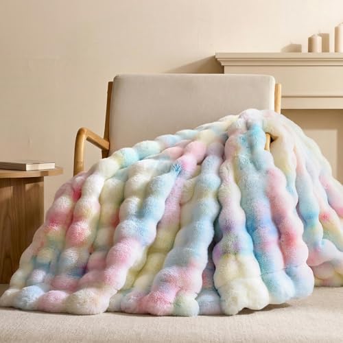 YIKUSH Faux Fur Throw Blanket for Couch Rainbow Fluffy Cozy Rabbit Bubble Fleece Blanket Soft Fuzzy Blanket for Sofa & Bed Warm Plush Thick Luxury Home Room Decor Throw 50x60-1100GSM