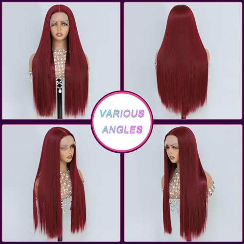 Barbique Burgundy Wig, Synthetic Lace Front Wig Ready to Wear Glueless Pre Plucked 13x6 HD Lace 99j Wigs 26 Inch Long Straight Wigs for Black Women Suitable for Daily Party Wear — view 6
