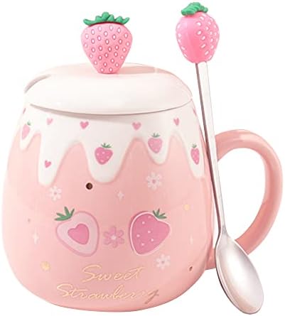 Cute Strawberry Mugs Pink Coffee Mug Ceramic Kawaii Cup Morning Tea Milk Fruit Mug with Lovely Lid Stainless Steel Spoon Creative Novelty Birthday Valentine's Day Christmas for Lovers Girl 500ML (S)