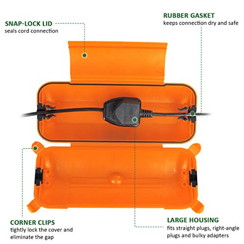Image of Outdoor Extension Cord Safety Cover, for Outdoor Outlets | Outdoor Waterproof Electrical Cover with Protector Seal, Electrical Connection Box for Plugs, Sockets, Power Tools, Orange