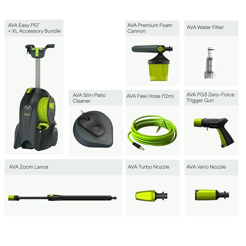 AVA Easy P57 Pressure Washer XL, 145 Bar 500 LPH 2000 W, High Power Compact Jet Washer For Car Wash, incl Premium Foam Cannon, Slim Patio Cleaner, 12m Flexi Hose & Zoom Lance, Vario & Turbo Nozzles - 8
